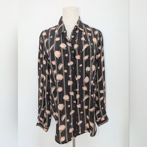 Vintage 100% Silk Black Printed Button Down Shirt
